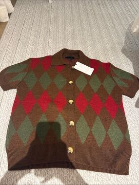 Zara Brown Argyle Short-Sleeve Cardigan with Red & Green Diamonds